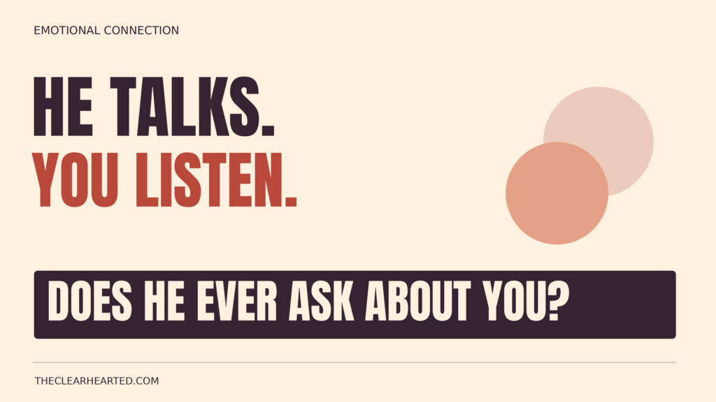 Graphic reading 'He talks. You listen. Does he ever ask about you?' beside overlapping conversation bubbles.
