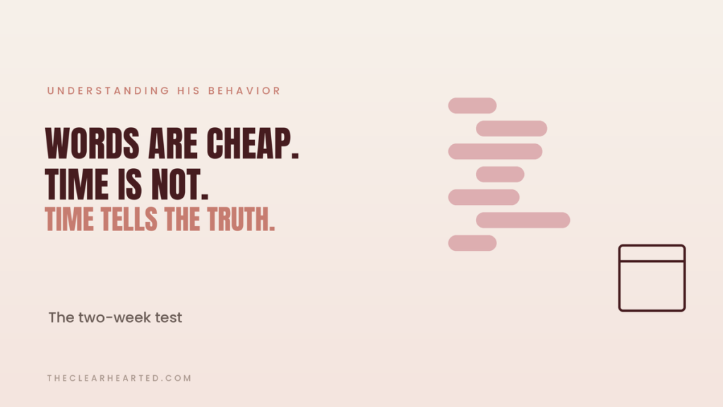 Cream graphic with message bubbles beside an empty calendar square, reading "Words are cheap. Time is not."