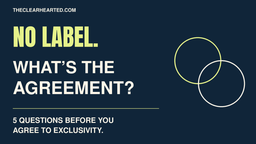 Navy graphic with lime type and two overlapping outlined circles. Text: “NO LABEL. WHAT’S THE AGREEMENT?” “5 QUESTIONS BEFORE YOU AGREE TO EXCLUSIVITY.”