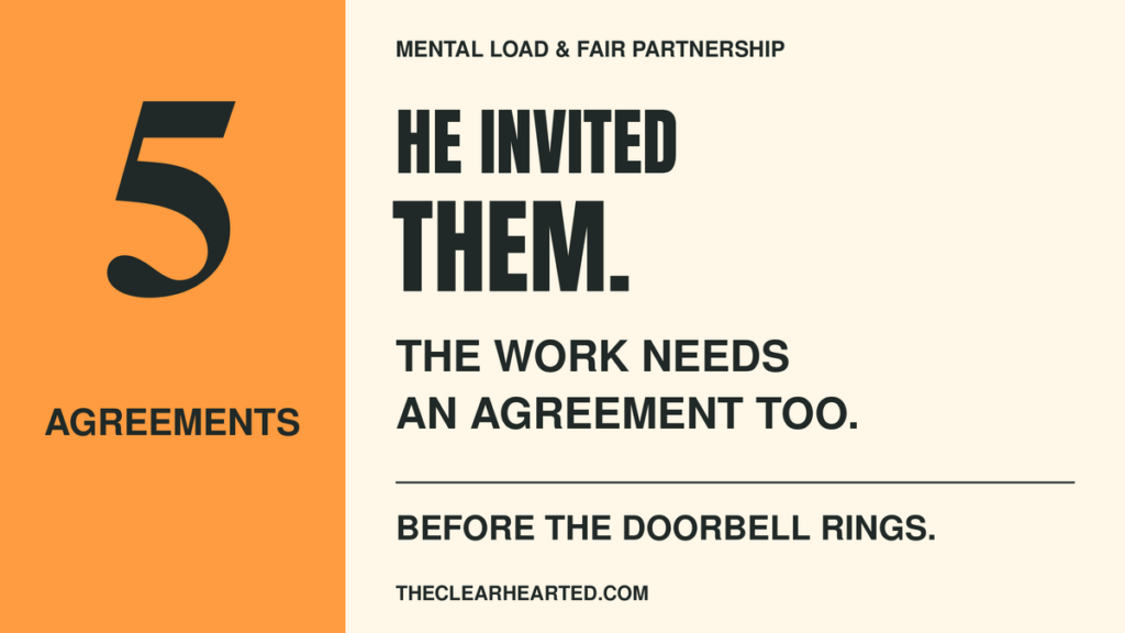 Orange and cream graphic with a large numeral 5 beside the word “Agreements.” Text reads: “He invited them. The work needs an agreement too.” “Before the doorbell rings.”