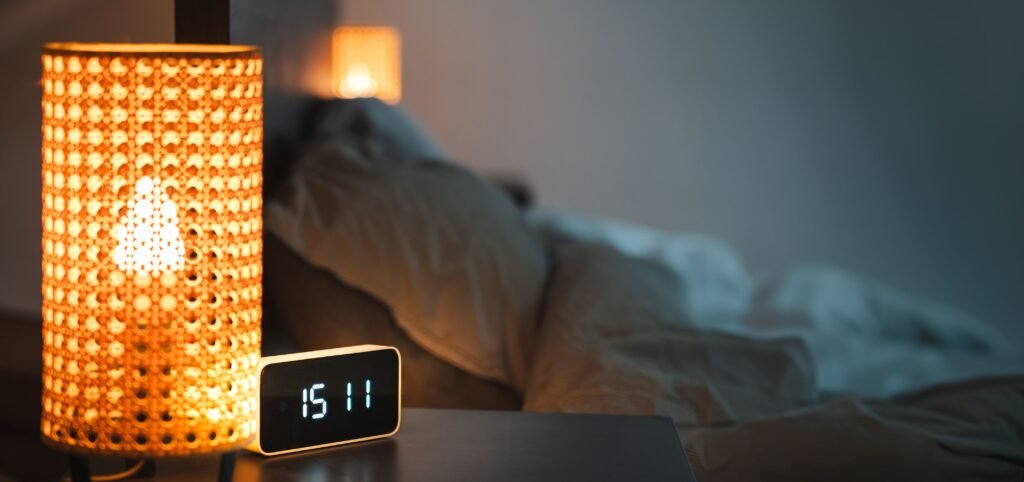 Warm bedside lamp glowing next to a digital clock in a peaceful bedroom with an unmade bed in the background.